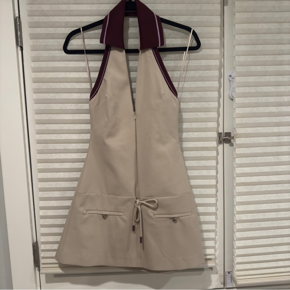 ZARA CREAM BACKLESS DRESS WITH BURGANDY COLLAR IN WOMENS SIZE SMALL